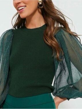 Tuckernuck Dark Green Sheer Puff-Sleeve Sweater